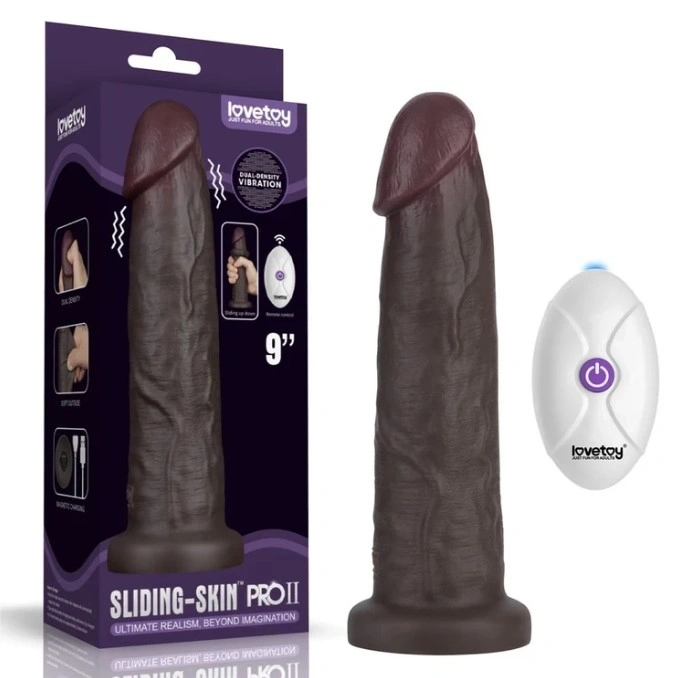 Vibrator Realist Sliding-Skin PRO II, Remote Control, Silicon Dubla Densitate, Negru, 22.7 cm, #1, Erotic24.ro