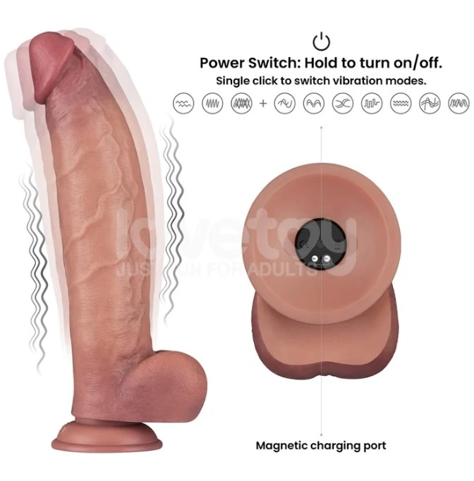 Vibrator Realist Power Cock, 10 Moduri Vibratii, PVC Dubla Densitate, USB Magnetic, Natural, 31 cm, #6, Erotic24.ro