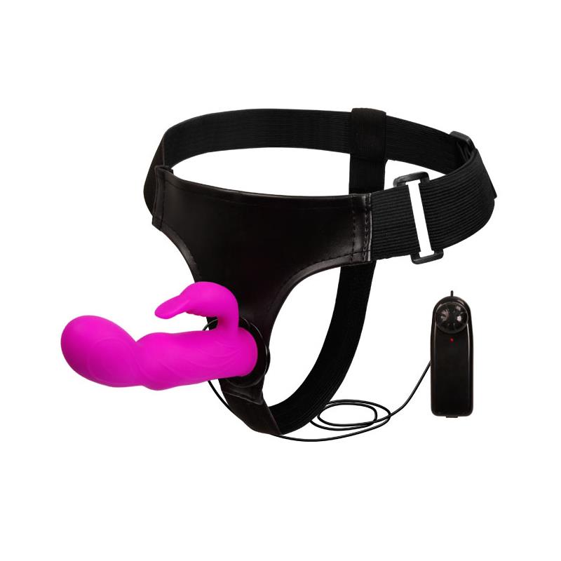 Strap-on cu Vibrator Rabbit, Multispeed, Silicon, Mov, 15 cm