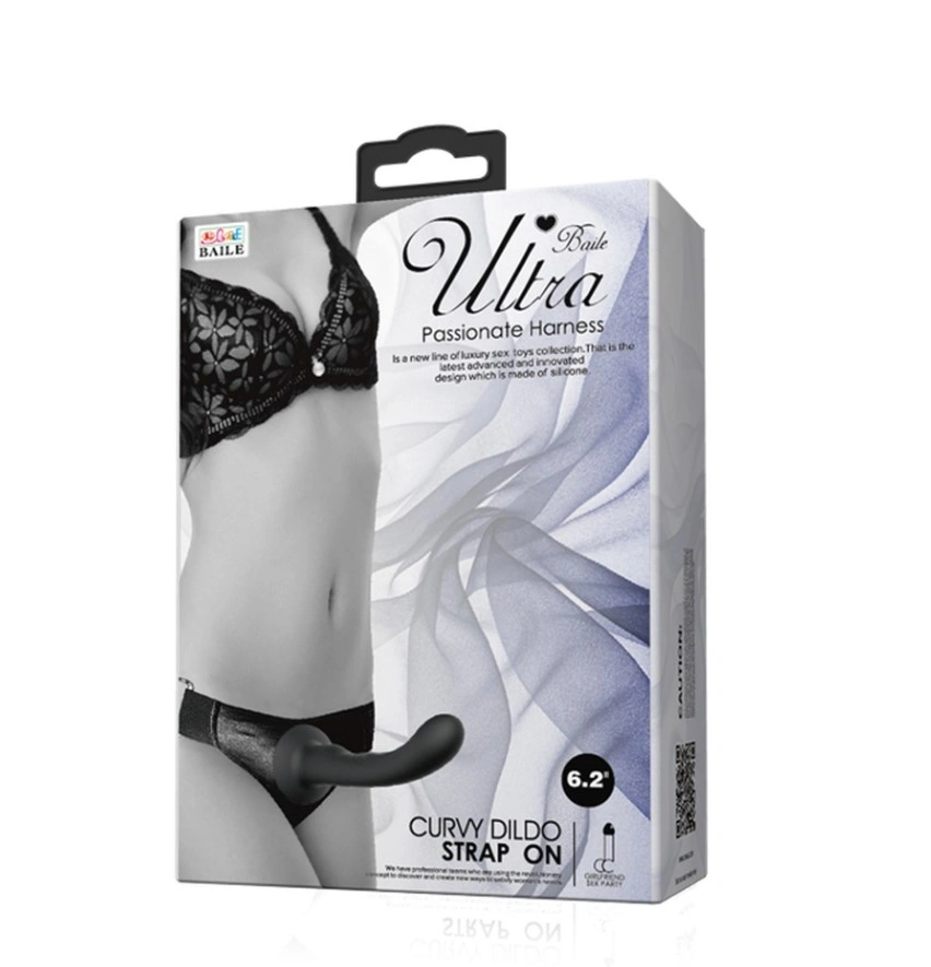 Strap-On Ultra Passionate Harness cu Dildo Curbat din Silicon, Negru, 15.8 cm, #7, Erotic24.ro