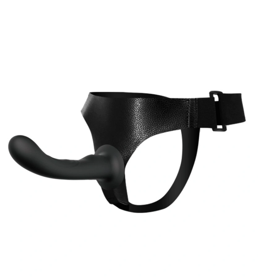 Strap-On Ultra Passionate Harness cu Dildo Curbat din Silicon, Negru, 15.8 cm, #1, Erotic24.ro