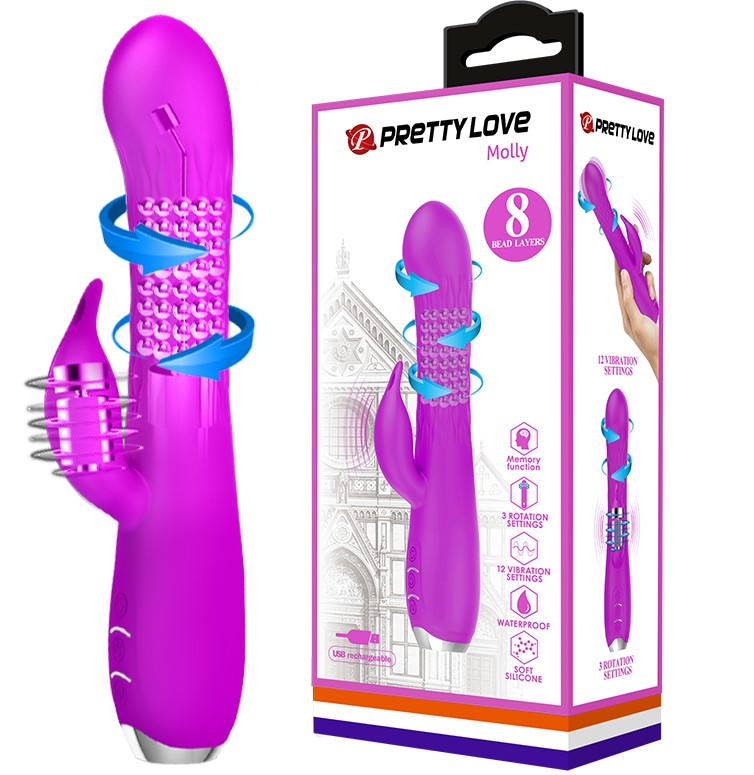 Vibrator Pretty Love Molly, 12 Moduri Vibratii, 3 Moduri Rotatii, Silicon, USB, Mov, 20.5 cm