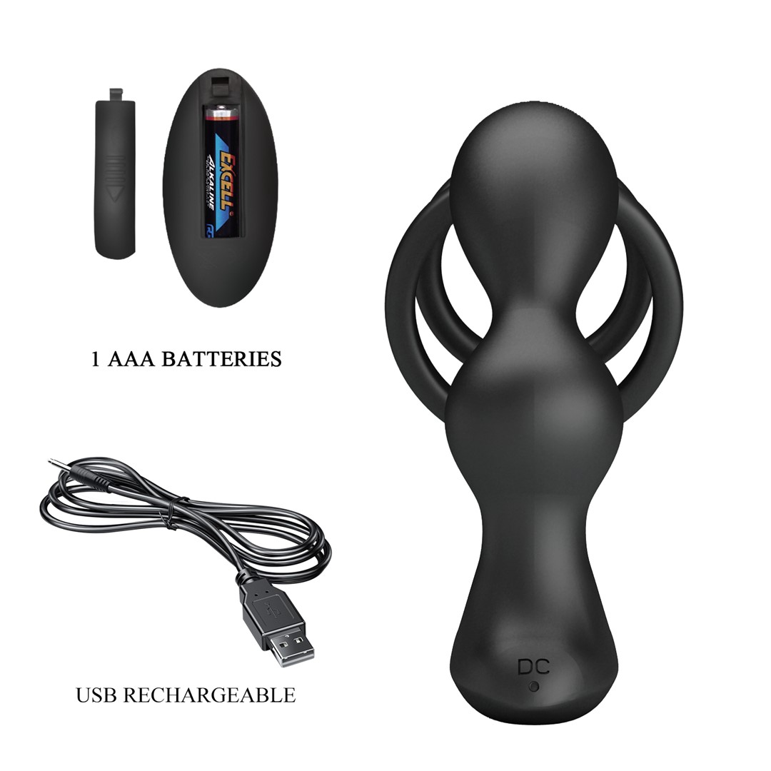 Inel Penis Marshall cu Stimulator Anal, 12 Moduri Vibratii, Remote Control, USB, Silicon, Negru, #4, Erotic24.ro