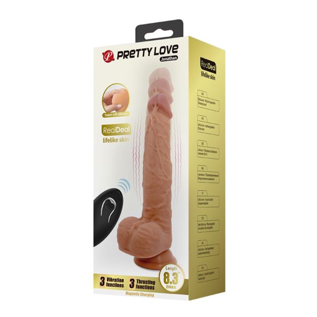 Vibrator Realist Jonathan, 3 Moduri Vibratii si Rotatii, Remote Control, Silicon, USB, Natural, 21 cm, #9, Erotic24.ro