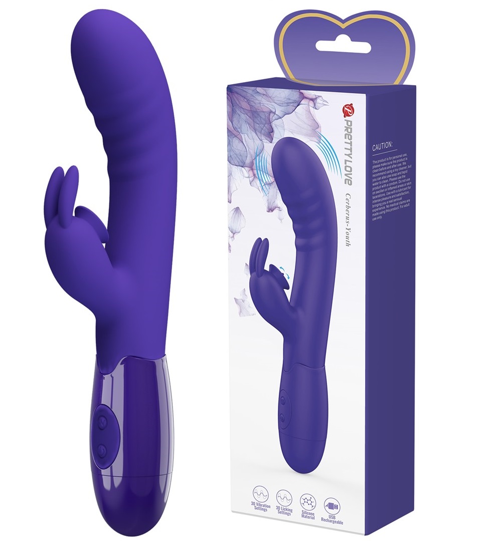 Vibrator Iepuras Cerberus Youth, Vibrating&Licking, Silicon, USB, Violet, 20.6 cm