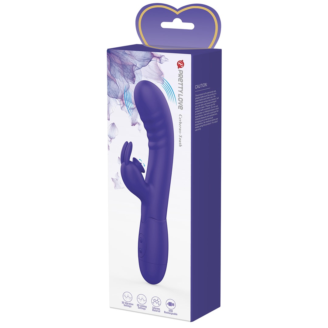 Vibrator Iepuras Cerberus Youth, Vibrating&Licking, Silicon, USB, Violet, 20.6 cm, #12, Erotic24.ro