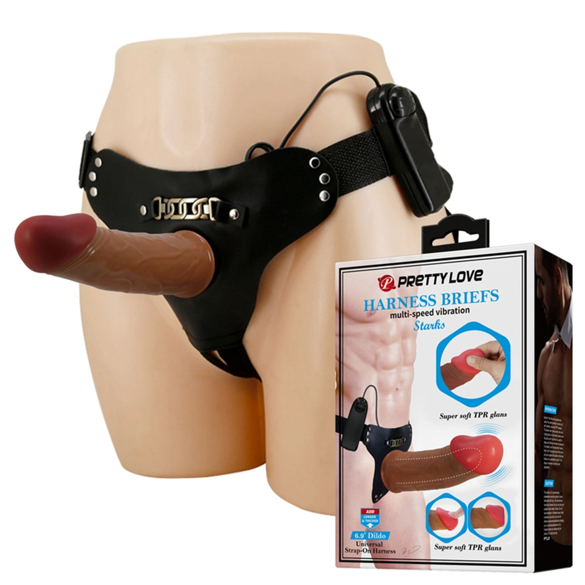 Strap-On Harness Starks cu Dildo Hollow si Vibratii Multispeed, TPR, Maro, 17.5 cm, #11, Erotic24.ro
