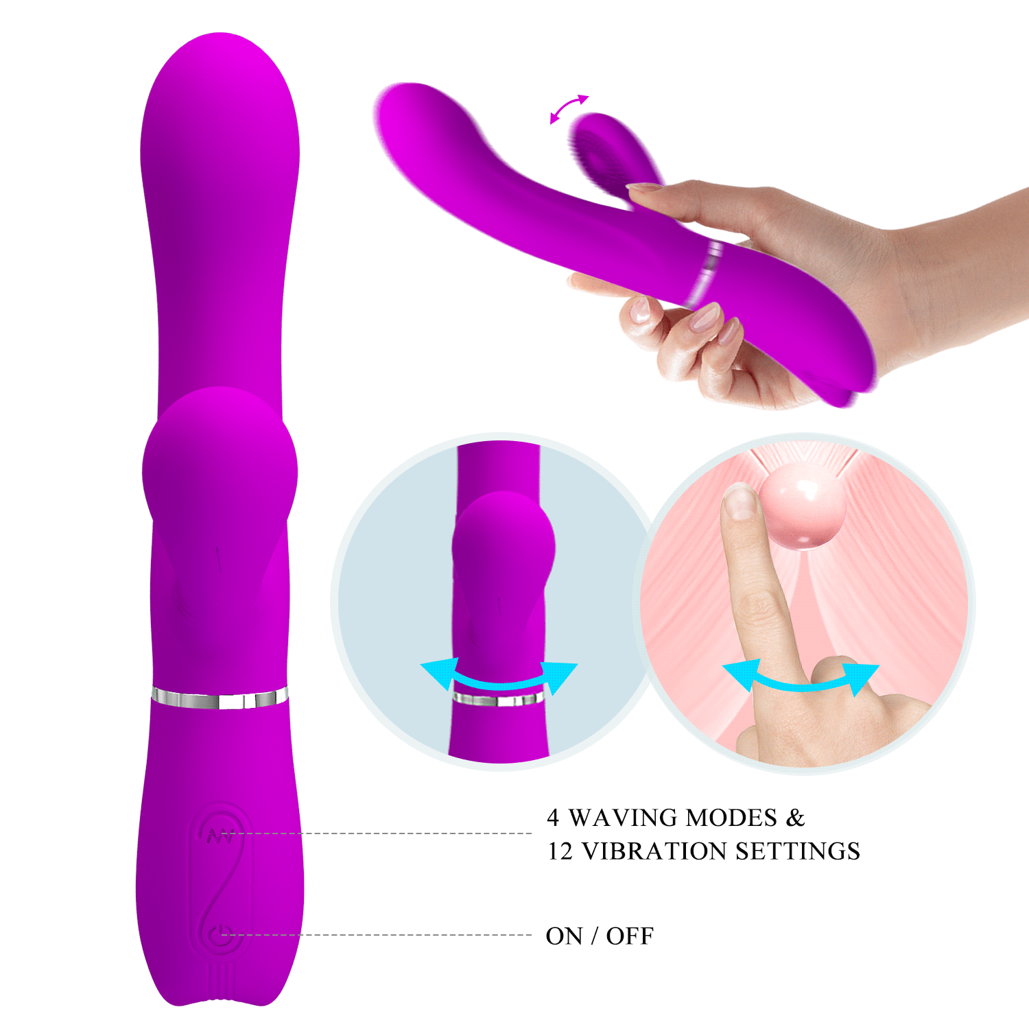 Vibrator Iepuras Pretty Love, 12+4 Moduri Stimulatoare, Silicon, USB, Mov, 20.8 cm, Nr. 6, Erotic24.ro