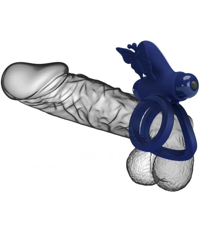 Inel Dublu de Penis Butterfly, 10 Moduri Vibratii, Silicon, Albastru, #5, Erotic24.ro