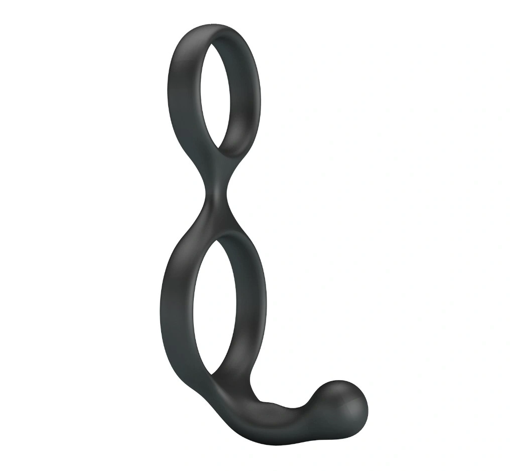 Inel Dublu de Penis Florian cu Stimulator Anal, Silicon, Negru, #1, Erotic24.ro
