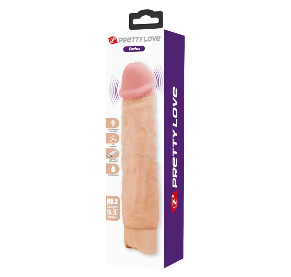 Vibrator Realist Rufus, 10 Moduri Vibratii, TPE, USB Type-C, Natural, 23.8 cm, #9, Erotic24.ro