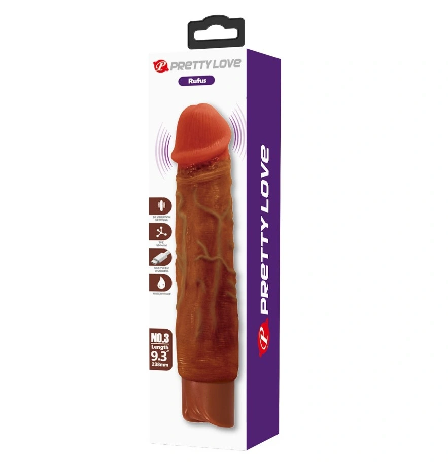 Vibrator Realist Rufus, 10 Moduri Vibratii, TPE, USB Type-C, Maro, 23.8 cm, #9, Erotic24.ro
