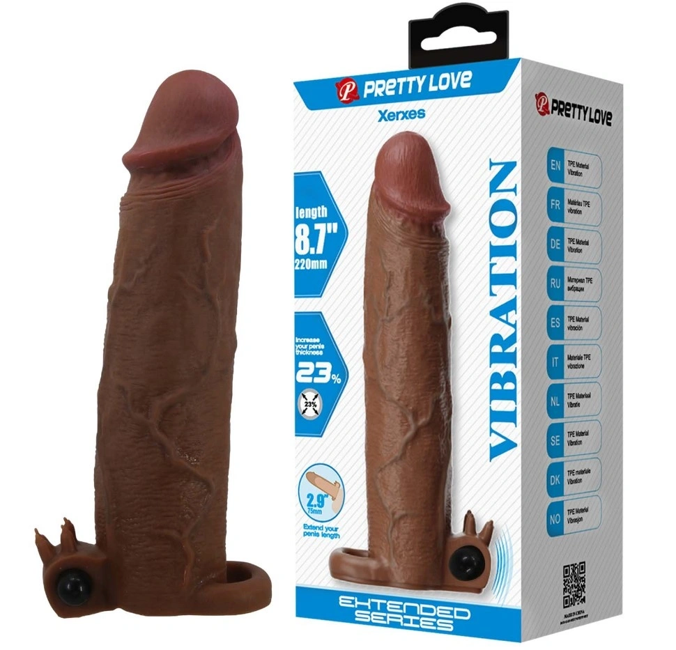 Prelungitor Penis Xerxes +7.5 cm cu Vibratii, TPE, Maro, #1, Erotic24.ro