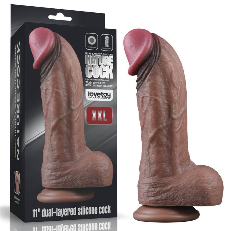 Dildo Realist XXL Nature Cock Silicon Dubla Densitate, Maro, 28 cm