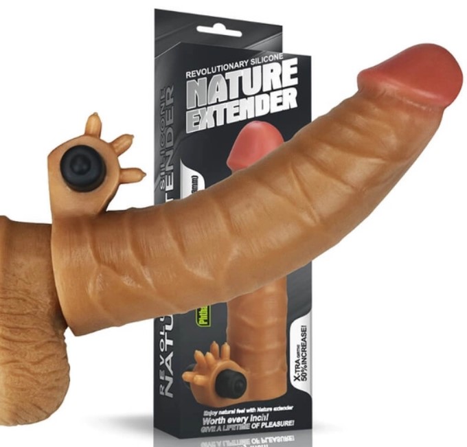 Prelungitor Penis cu Glont Vibrator Nature Extender + 3.8 cm, Silicon, Maro, #2, Erotic24.ro