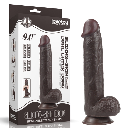 Dildo Realist Sliding-Skin, Ventuza Detasabila, TPE, Maro Inchis, 23.5 cm