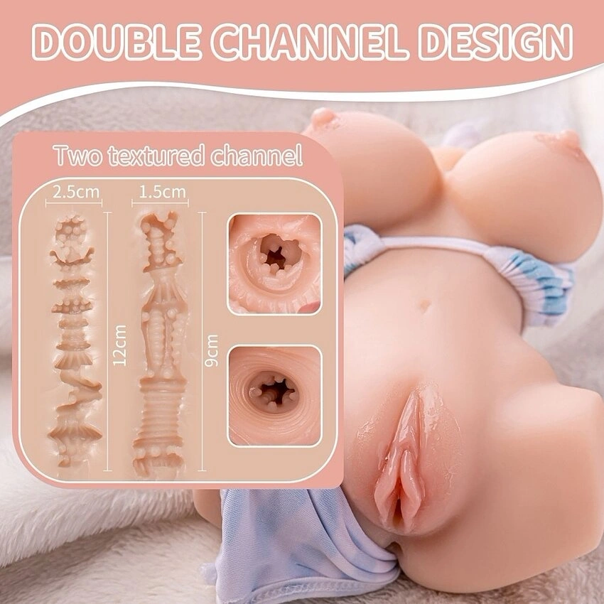 Masturbator Dublu Elu Vagin si Anus, 10 Moduri Vibratii, Material Superskin, USB Magnetic, Natural, 1.2 kg, 22 cm, #2, Erotic24.ro