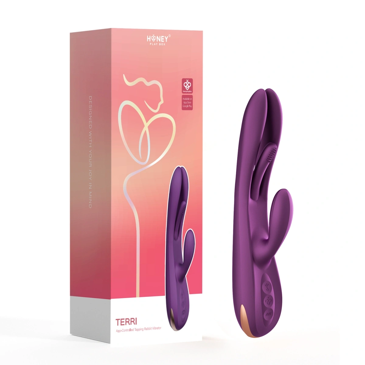Vibrator Terri App Control HoneyPlayBox Kinky Finger Tapping Rabbit Vibrator, Silicon, USB, Mov, 24 cm, #2, Erotic24.ro