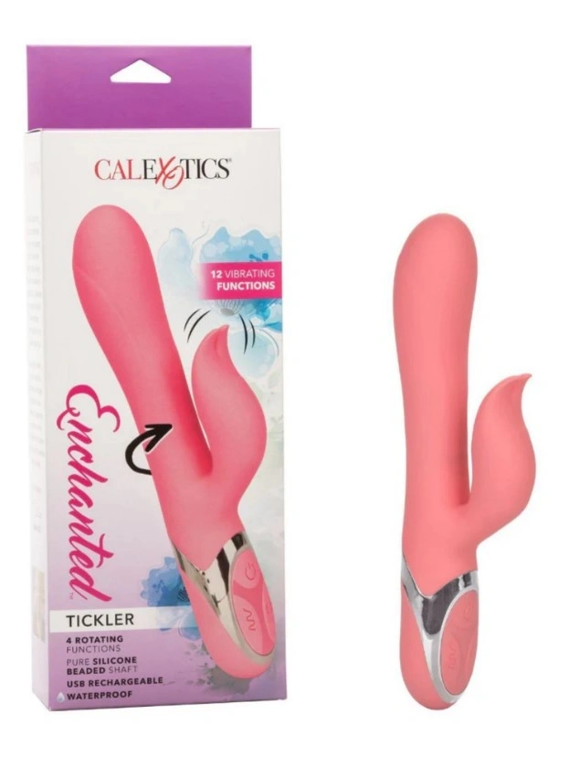 Vibrator Iepuras Enchanted Tickler, 12 Moduri Vibratii, 4 Moduri Rotatii Bile, Silicon, Roz, USB, 20 cm, #3, Erotic24.ro