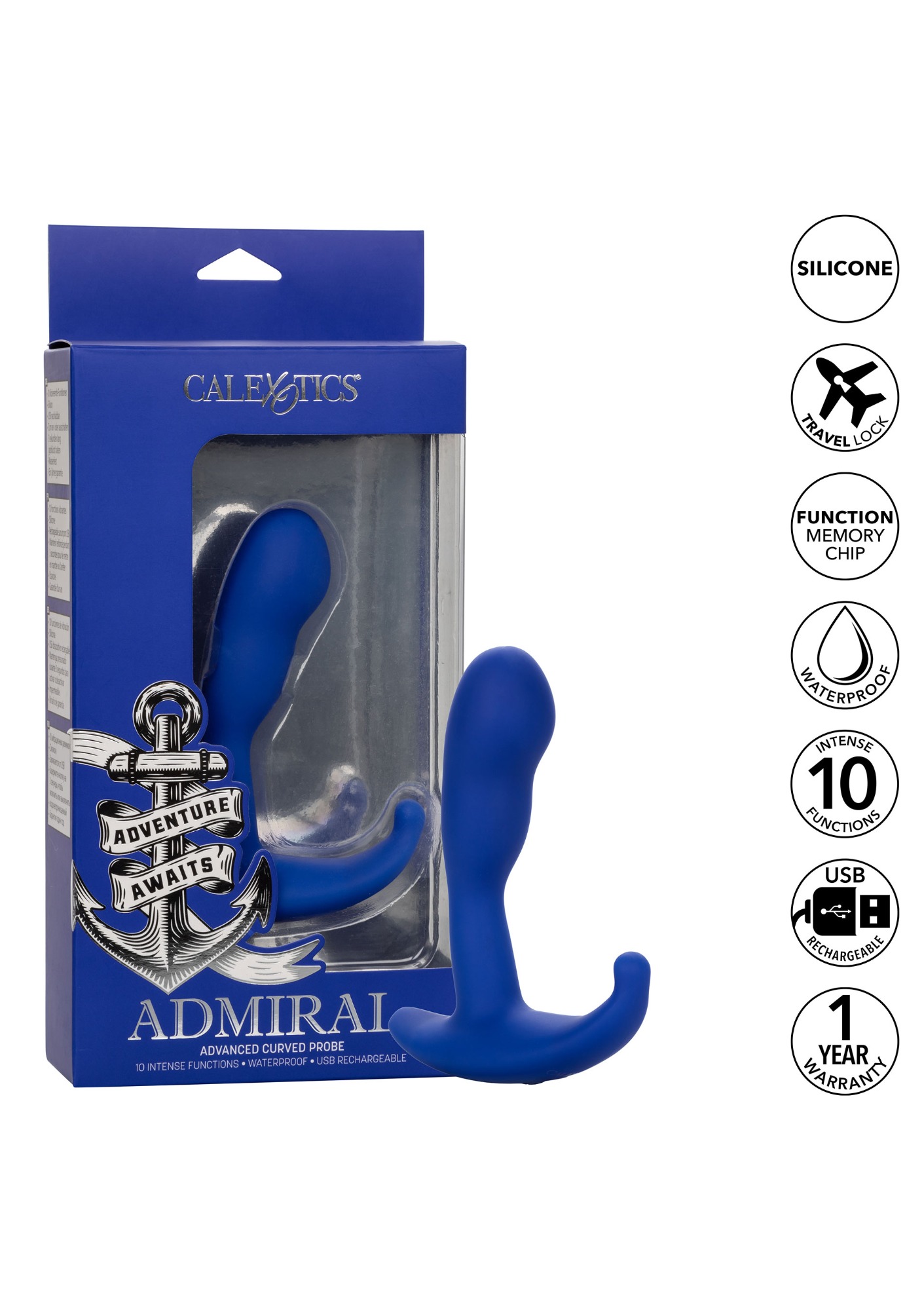 Stimulator Anal Admiral Advanced Curved Probe, 10 Moduri Vibratii, Functie Memorie, Silicon, USB, Albastru, 12.5 cm, #10, Erotic24.ro