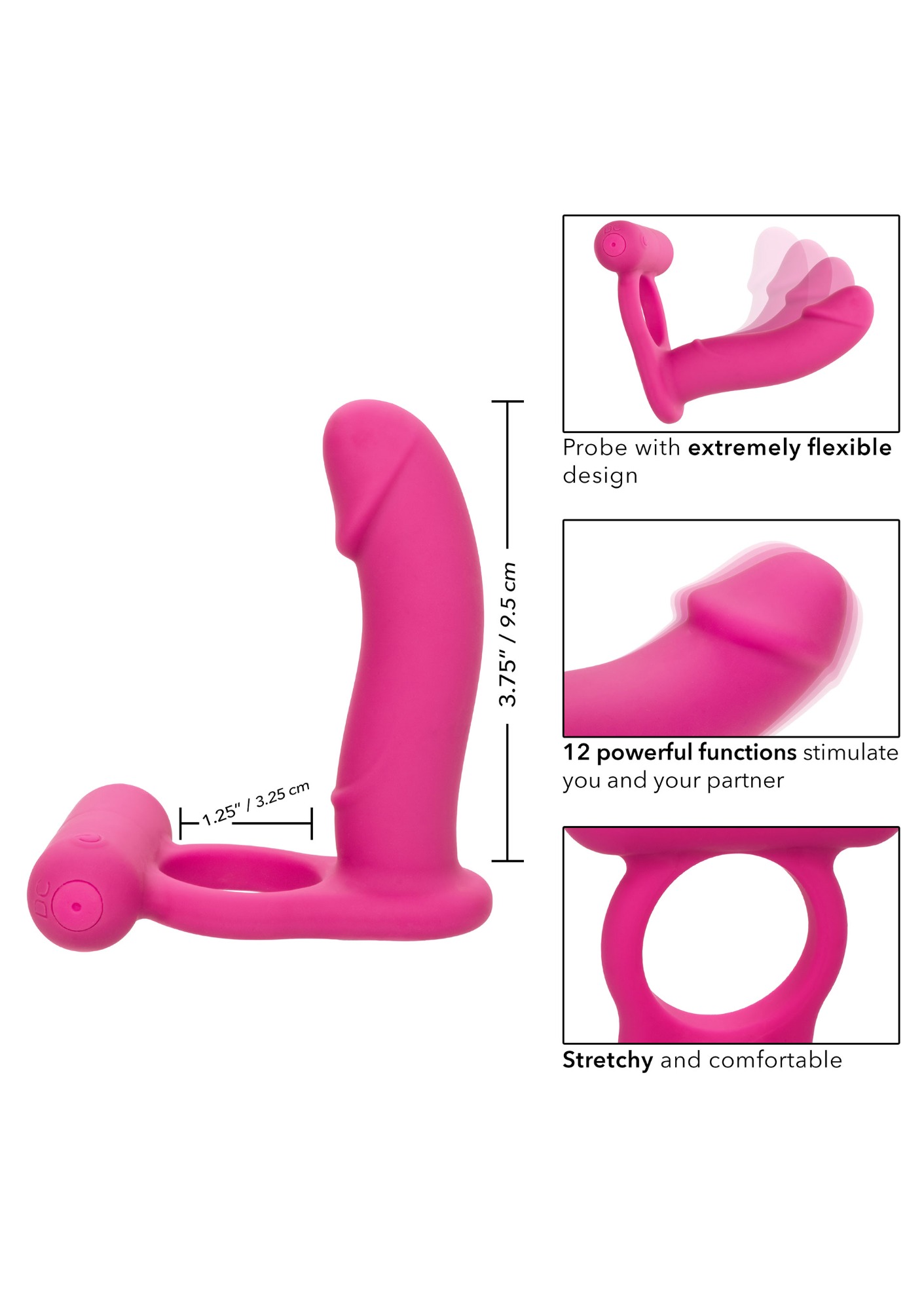 Inel de Penis cu Stimulator Anal Double Diver, 12 Moduri Vibratii, Functie Memorie, Silicon, USB, Roz, #10, Erotic24.ro