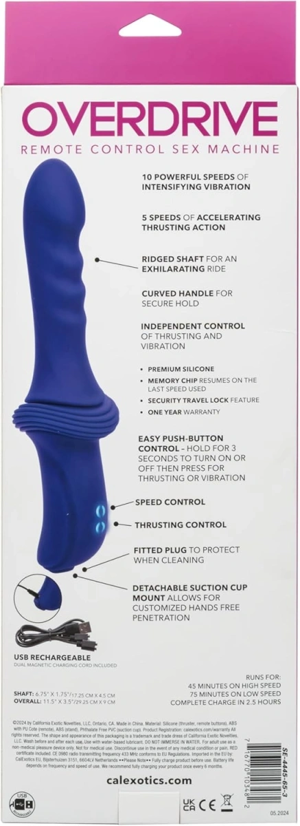 Vibrator Overdrive Ridged Thruster, Remote Control, Silicon, USB, Albastru, 29.2 cm, Nr. 5, Erotic24.ro