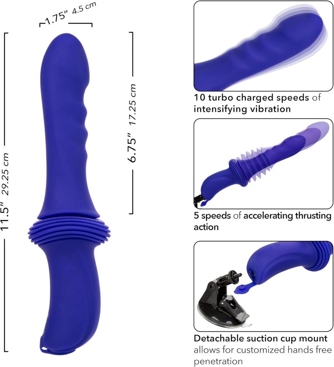 Vibrator Overdrive Ridged Thruster, Remote Control, Silicon, USB, Albastru, 29.2 cm, Nr. 2, Erotic24.ro