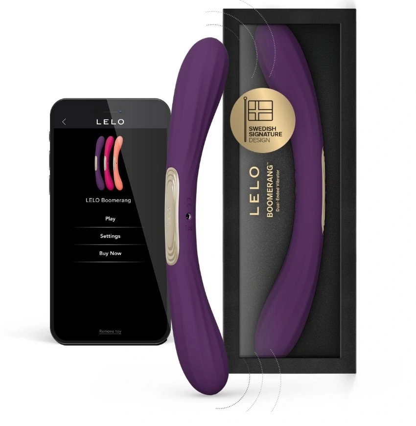Vibrator Dublu Lelo BOOMERANG, Control Aplicatie Mobila, Silicon, USB, Mov, 28.1 cm, Nr. 1, Erotic24.ro