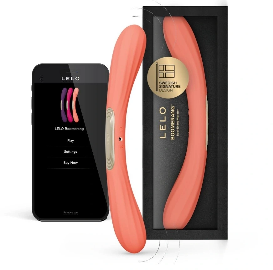 Vibrator Dublu Lelo BOOMERANG, Control Aplicatie Mobila, Silicon, USB, Rosu, 28.1 cm, Nr. 1, Erotic24.ro