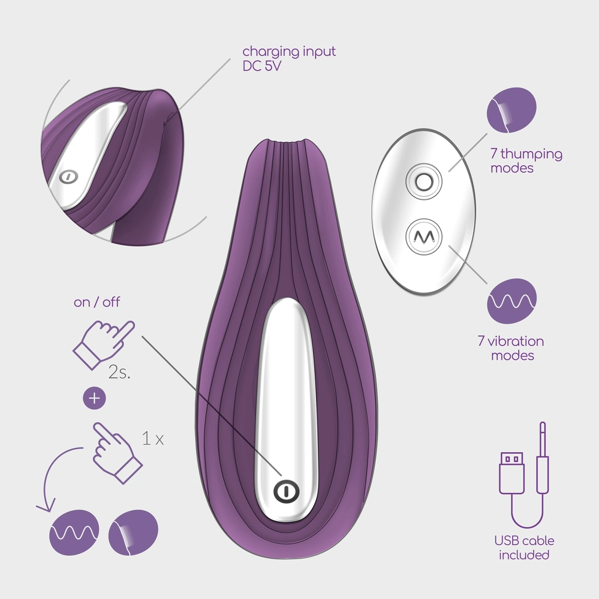 Stimulator Crushious Pleasuriser+Lubrifiant 50 ml, 7 Moduri Vibratii, 7 Moduri Tapare, Silicon, USB, Mov, #10, Erotic24.ro