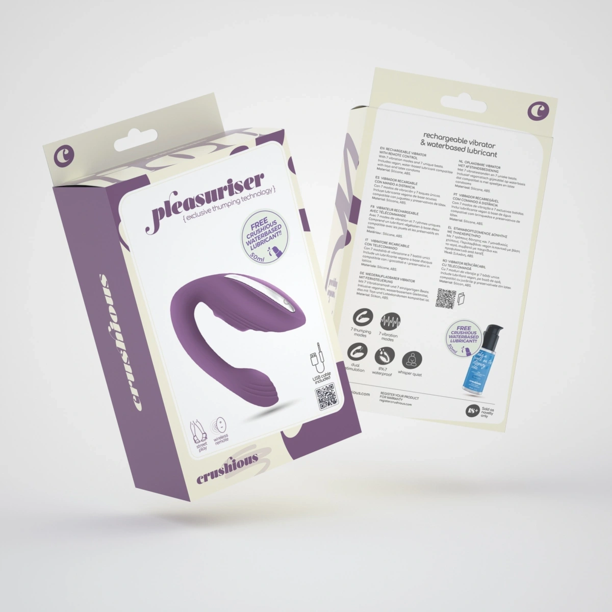 Stimulator Crushious Pleasuriser+Lubrifiant 50 ml, 7 Moduri Vibratii, 7 Moduri Tapare, Silicon, USB, Mov, #11, Erotic24.ro