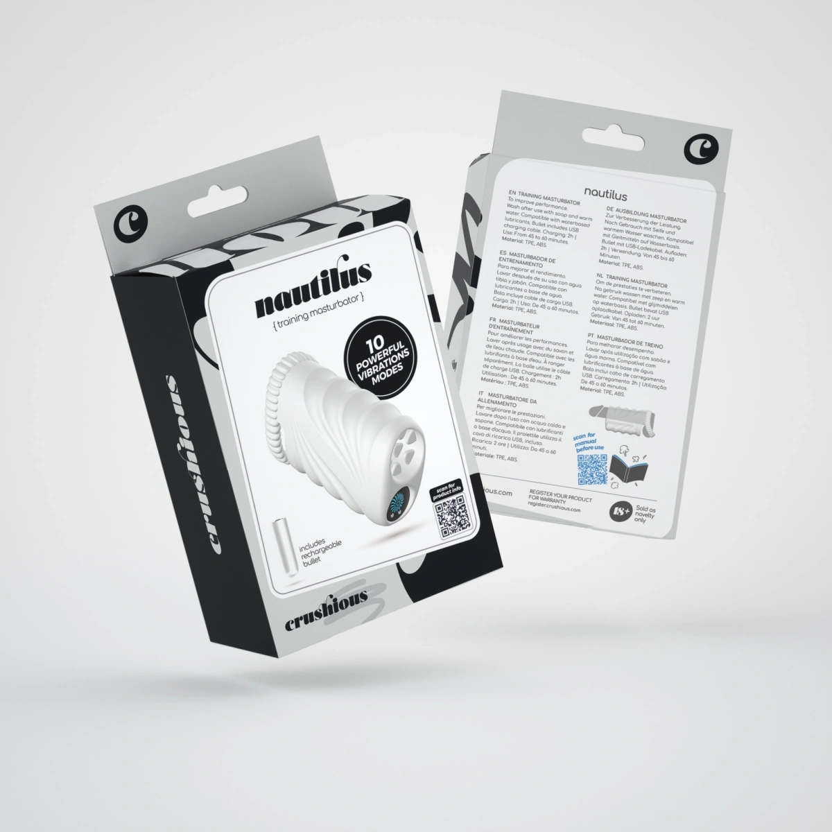 Masturbator Crushious Nautilus cu Glont Vibrator, 10 Moduri Vibratii, TPE, USB, Alb, Nr. 12, Erotic24.ro