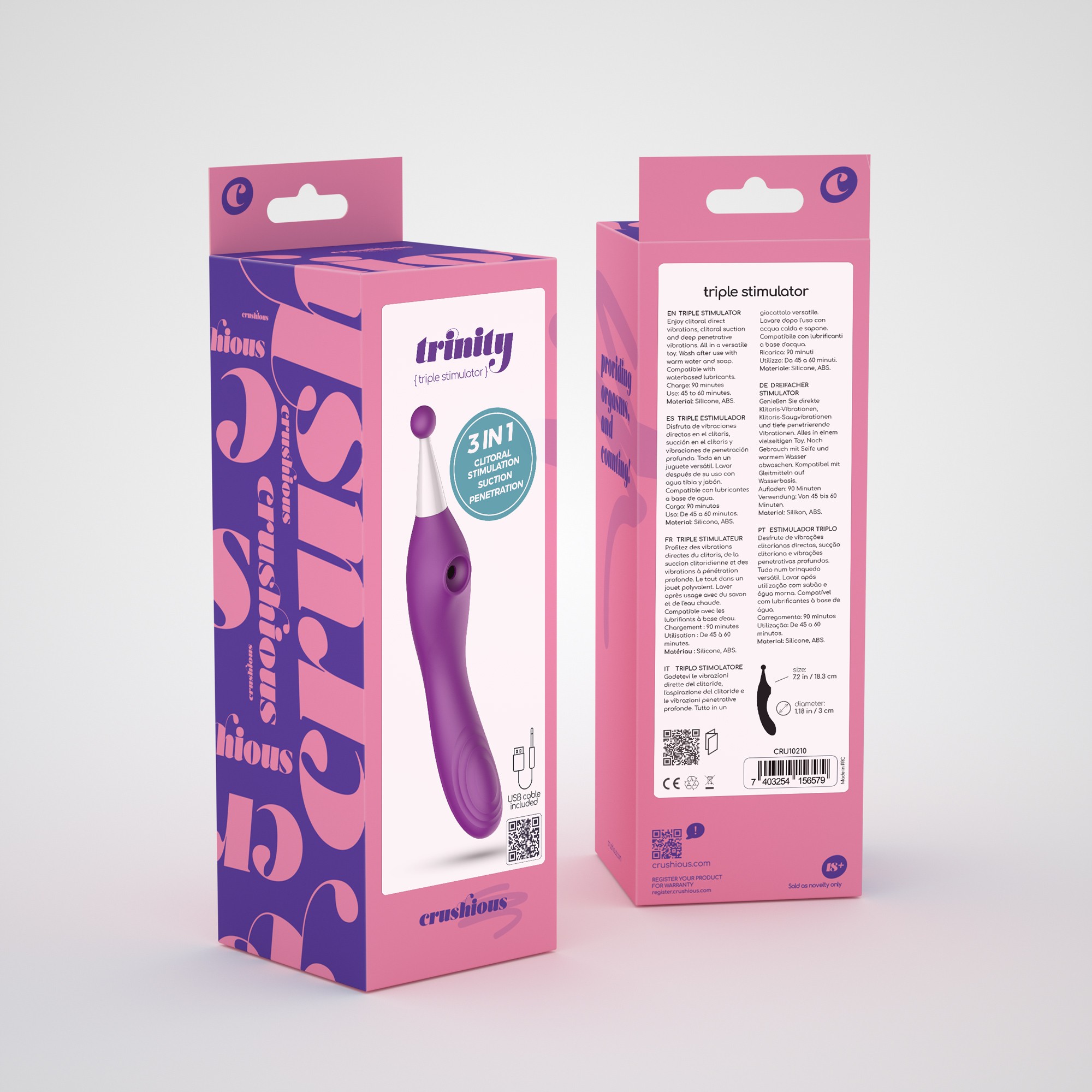 Stimulator Triplu Trinity, 10 Moduri Vibratii, 3 Moduri Suctiune, Silicon, USB, Mov, 18.3 cm, #11, Erotic24.ro