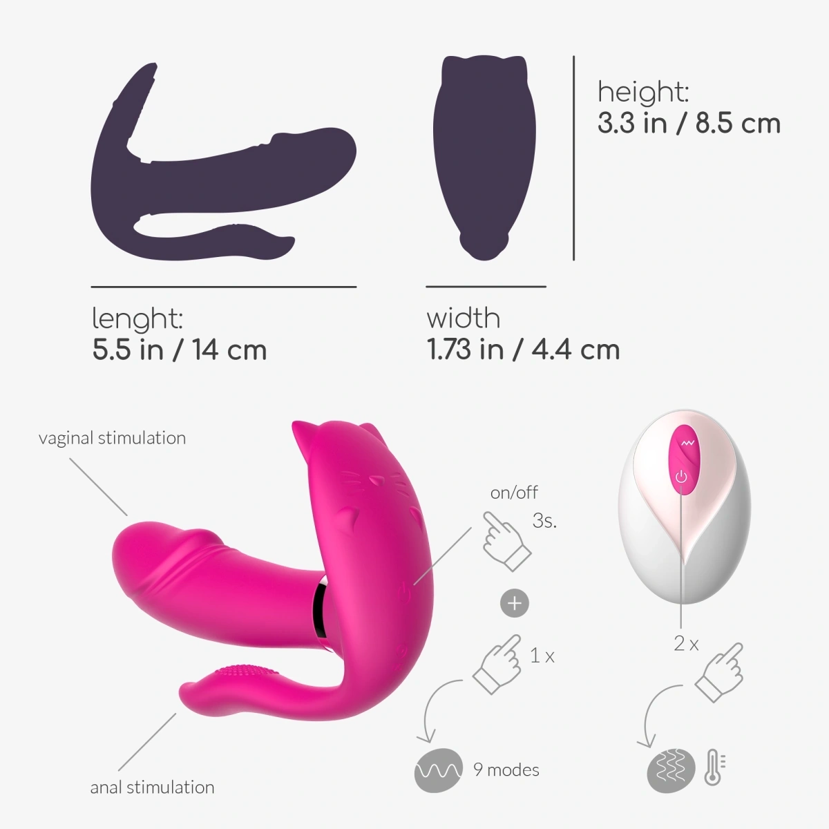 Stimulator Wearable Crushious Fritz, Remote Control, 9 Moduri Vibratii, Functie Incalzire, Silicon, USB, Roz, 14 cm, #9, Erotic24.ro