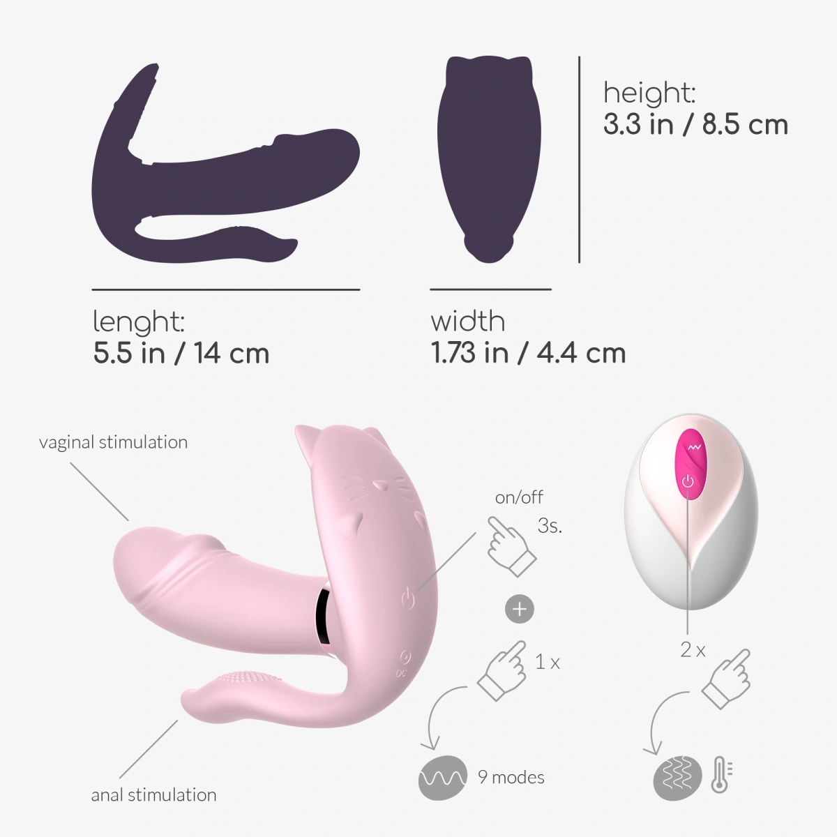 Stimulator Wearable Crushious Fritz, Remote Control, 9 Moduri Vibratii, Functie Incalzire, Silicon, USB, Roz Deschis, 14 cm, #9, Erotic24.ro