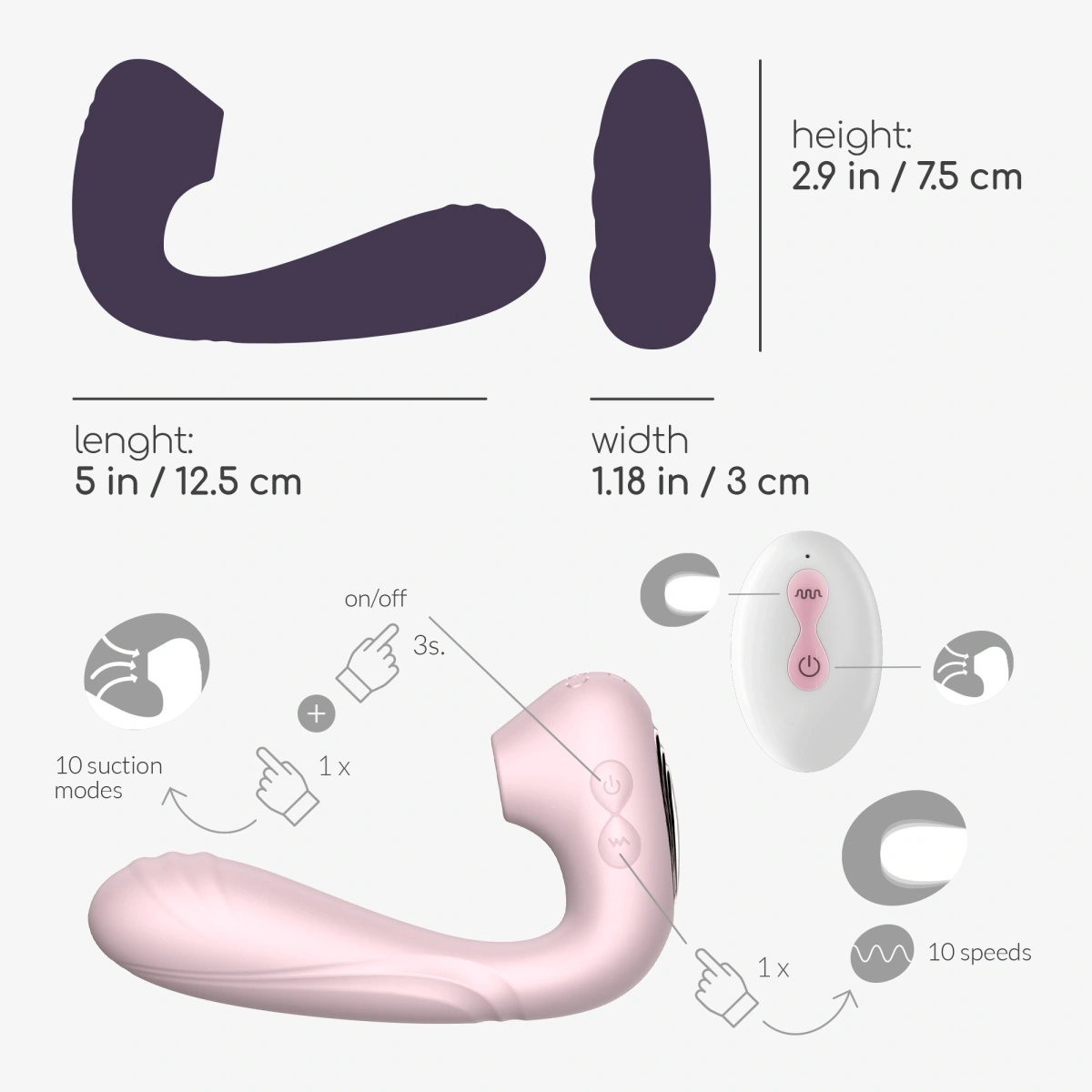 Stimulator Crushious Pookie, Remote Control, 10 Moduri Vibratii, 10 Moduri Suctiune, Silicon, USB, Roz, 12.5 cm, #9, Erotic24.ro