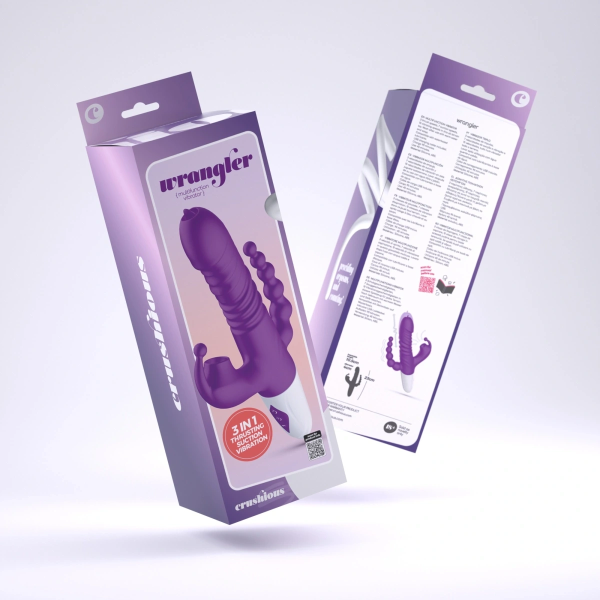 Vibrator Triplu Crushious Wrangler, Functii de Vibratii, Impingere, Suctiune, Silicon, USB, Mov, 23 cm, #13, Erotic24.ro