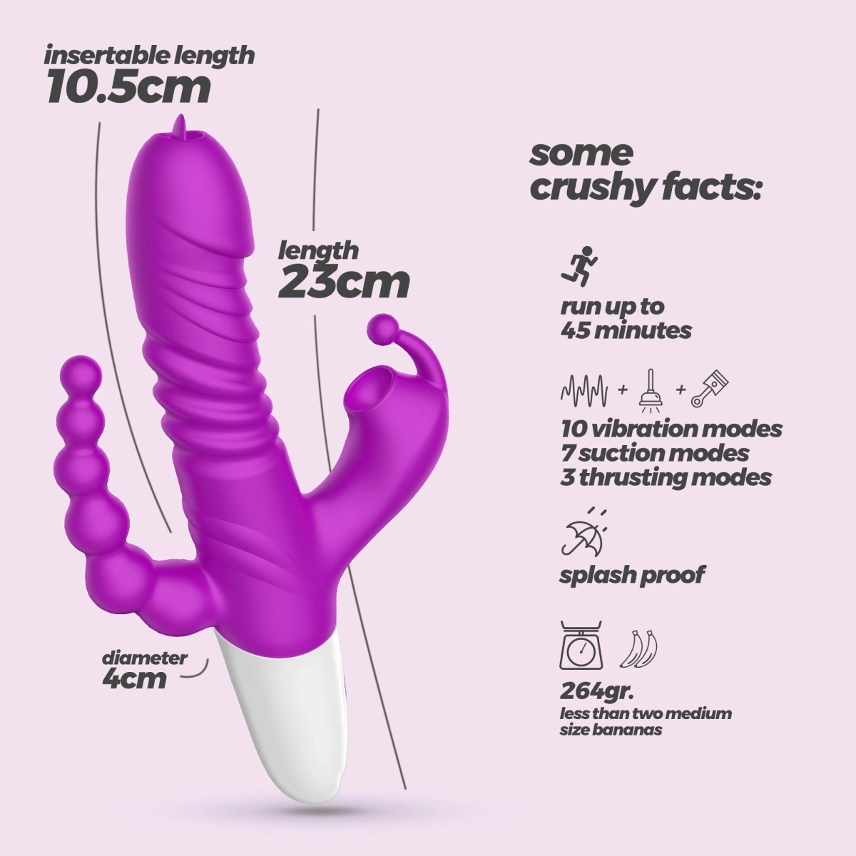 Vibrator Triplu Crushious Wrangler, Functii de Vibratii, Impingere, Suctiune, Silicon, USB, Mov, 23 cm, #12, Erotic24.ro
