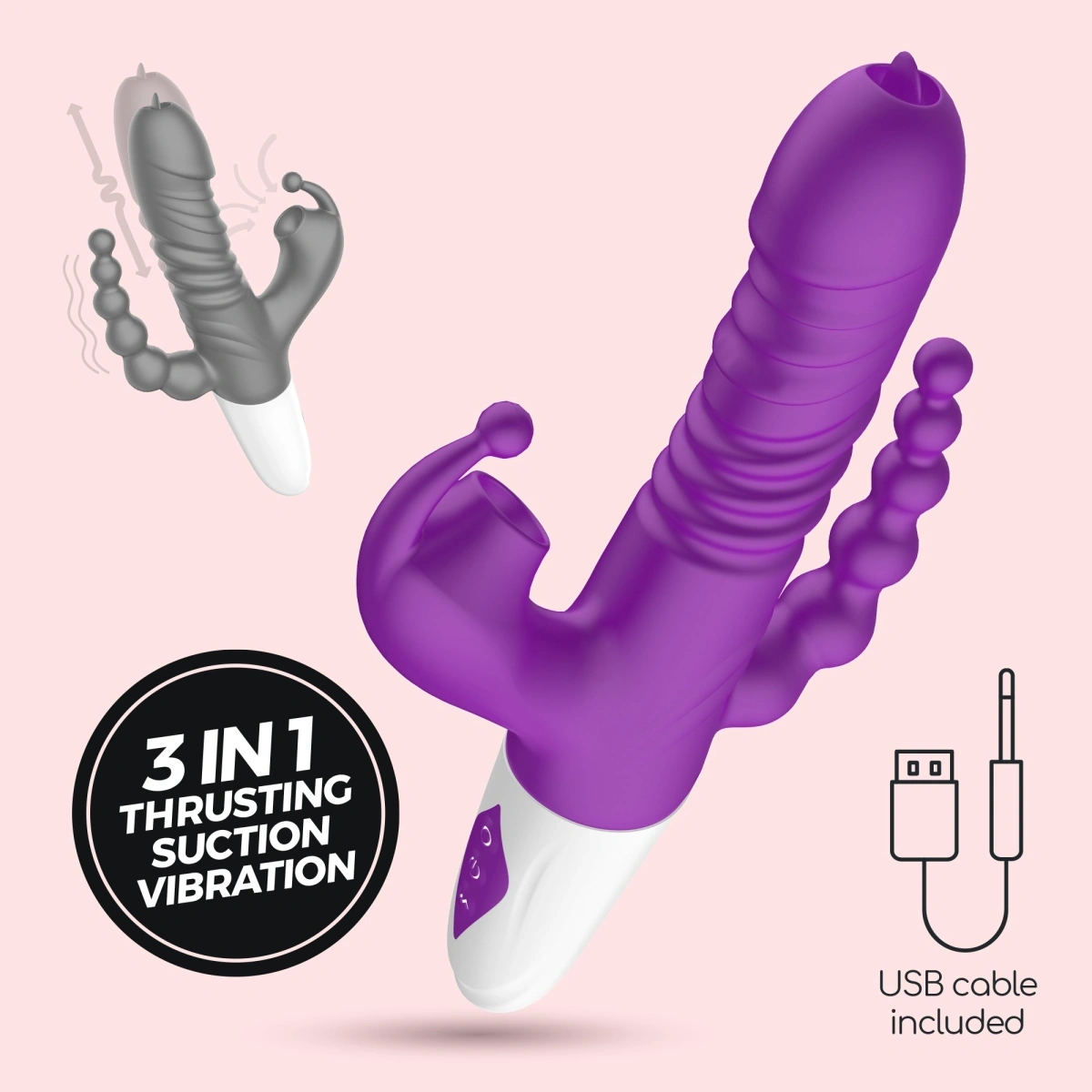 Vibrator Triplu Crushious Wrangler, Functii de Vibratii, Impingere, Suctiune, Silicon, USB, Mov, 23 cm, #11, Erotic24.ro