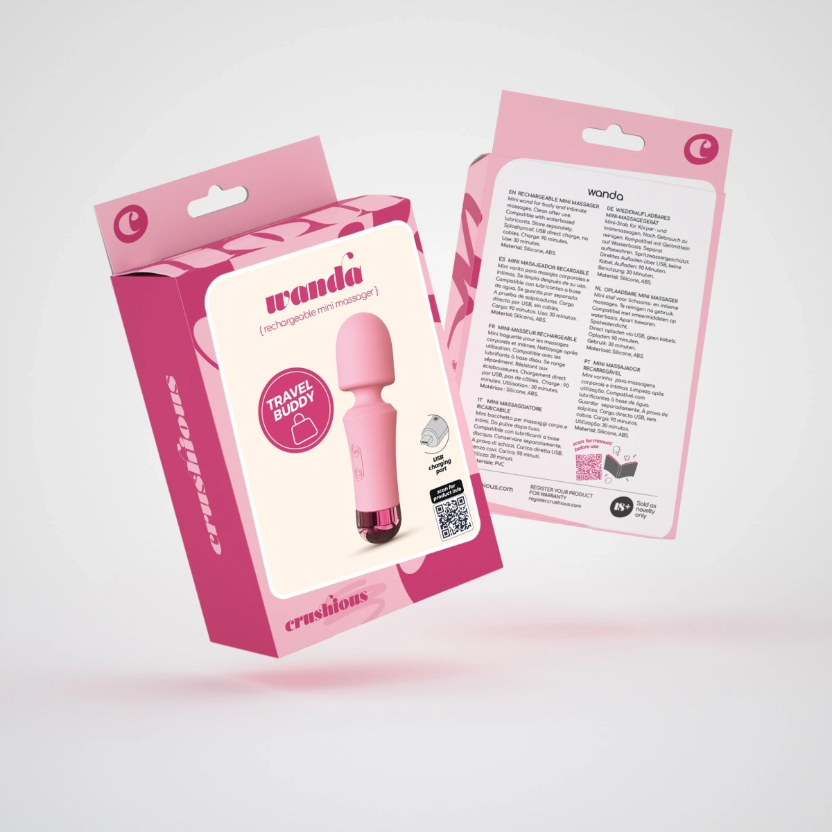 Vibrator Crushious Wanda Mini Wand, 10 Moduri Vibratii, Silicon, USB, Roz, 12.5 cm, #9, Erotic24.ro