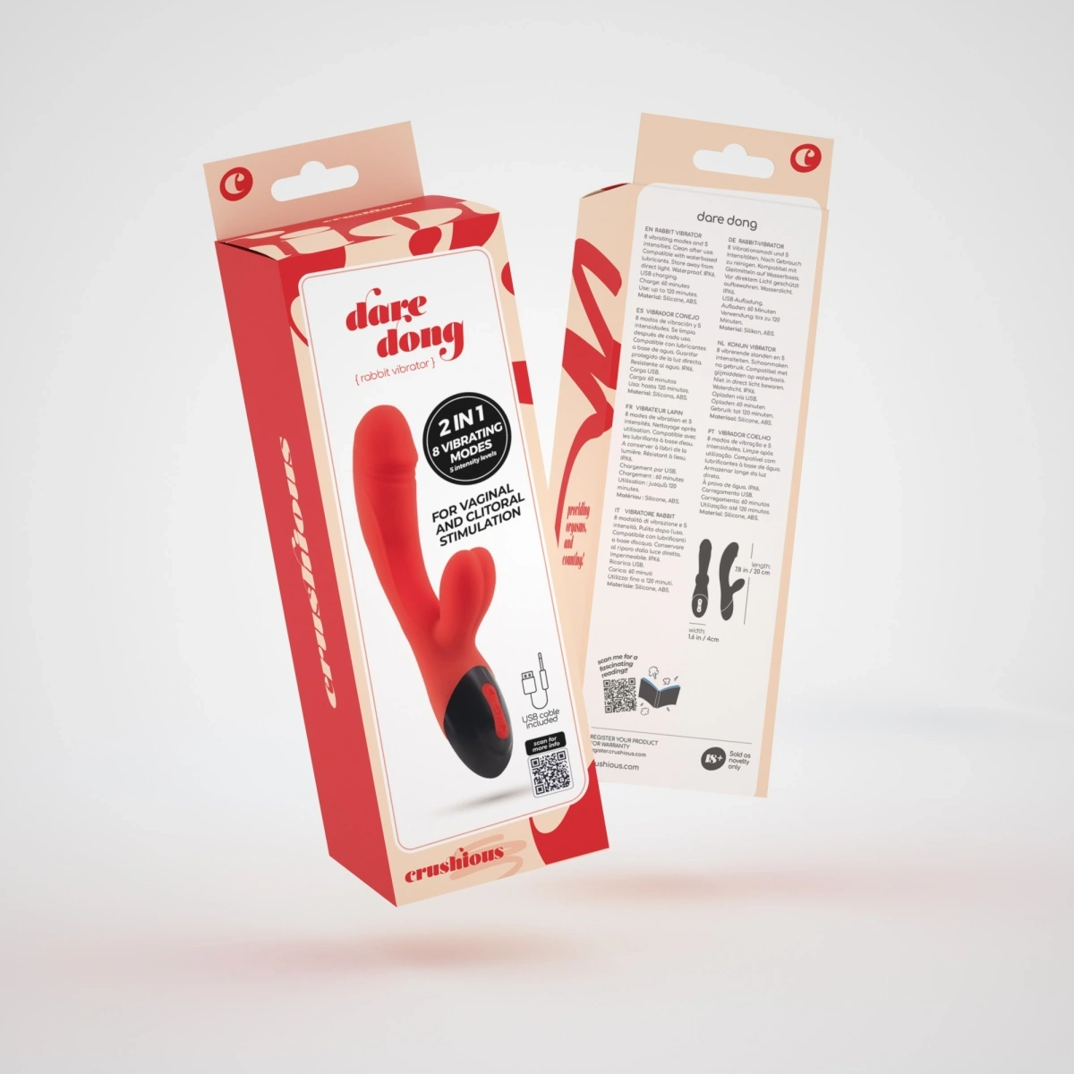 Vibrator Crushious Dare Dong, 8 Moduri Vibratii, 5 Trepte Intensitate, Silicon, USB, Rosu, 20 cm, #10, Erotic24.ro