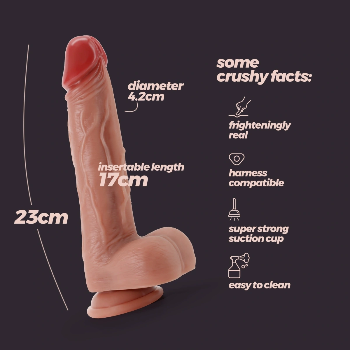 Dildo Realist Crushious Inviktus cu Ventuza, Silicon Lichid, Natural, 23 cm, Nr. 9, Erotic24.ro