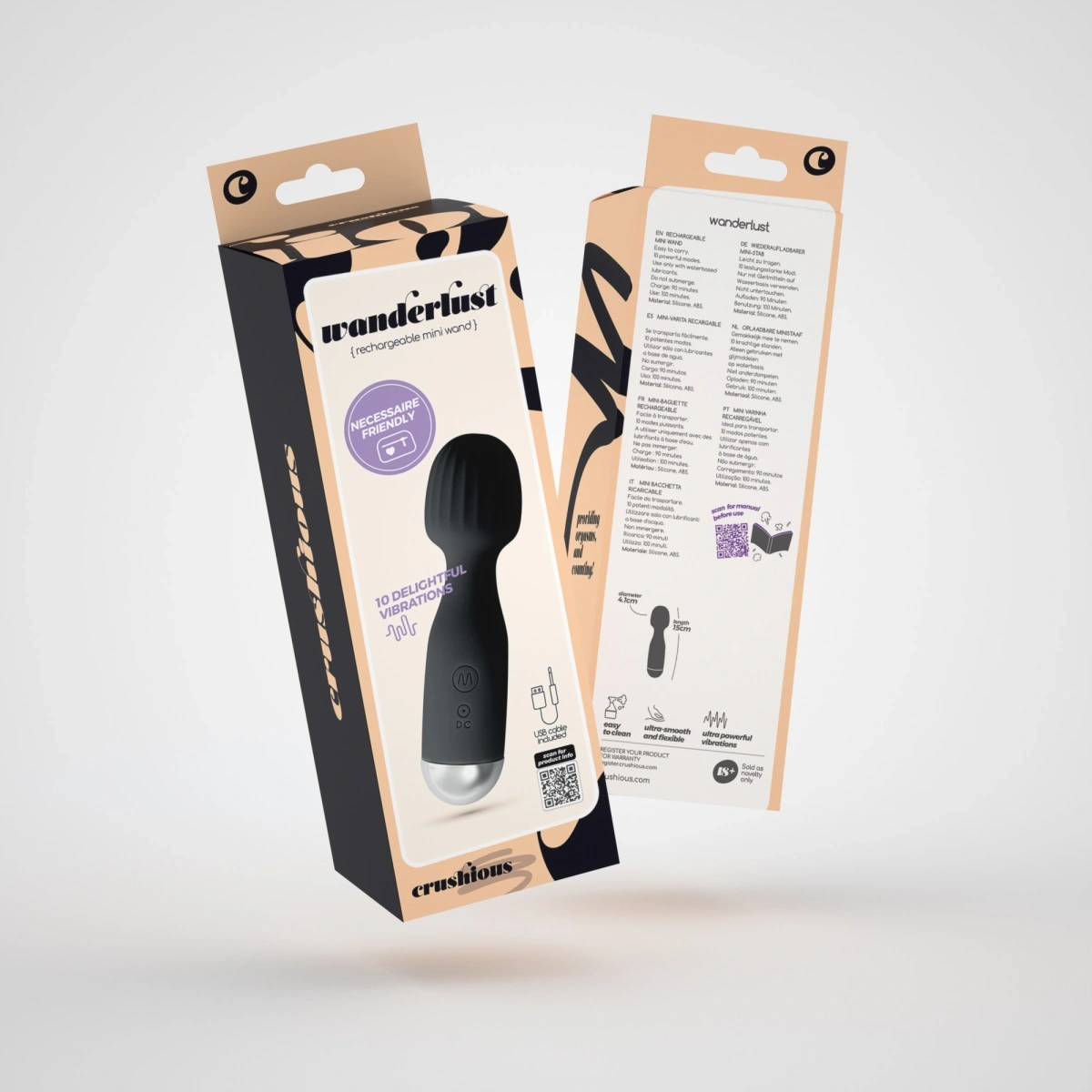 Vibrator Crushious Wanderlust Mini Wand, 10 Moduri Vibratii, Silicon, USB, Negru, 15 cm, #7, Erotic24.ro