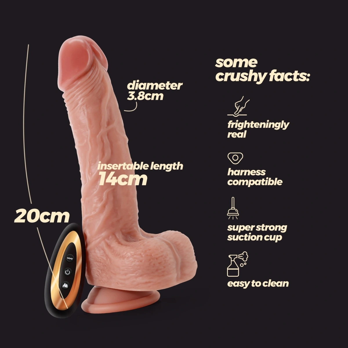 Vibrator Realist Crushious Inviktus, Remote Control, Vibratii, Impingere, Rotatii, Incalzire, Silicon Lichid, Natural, 20 cm, #7, Erotic24.ro