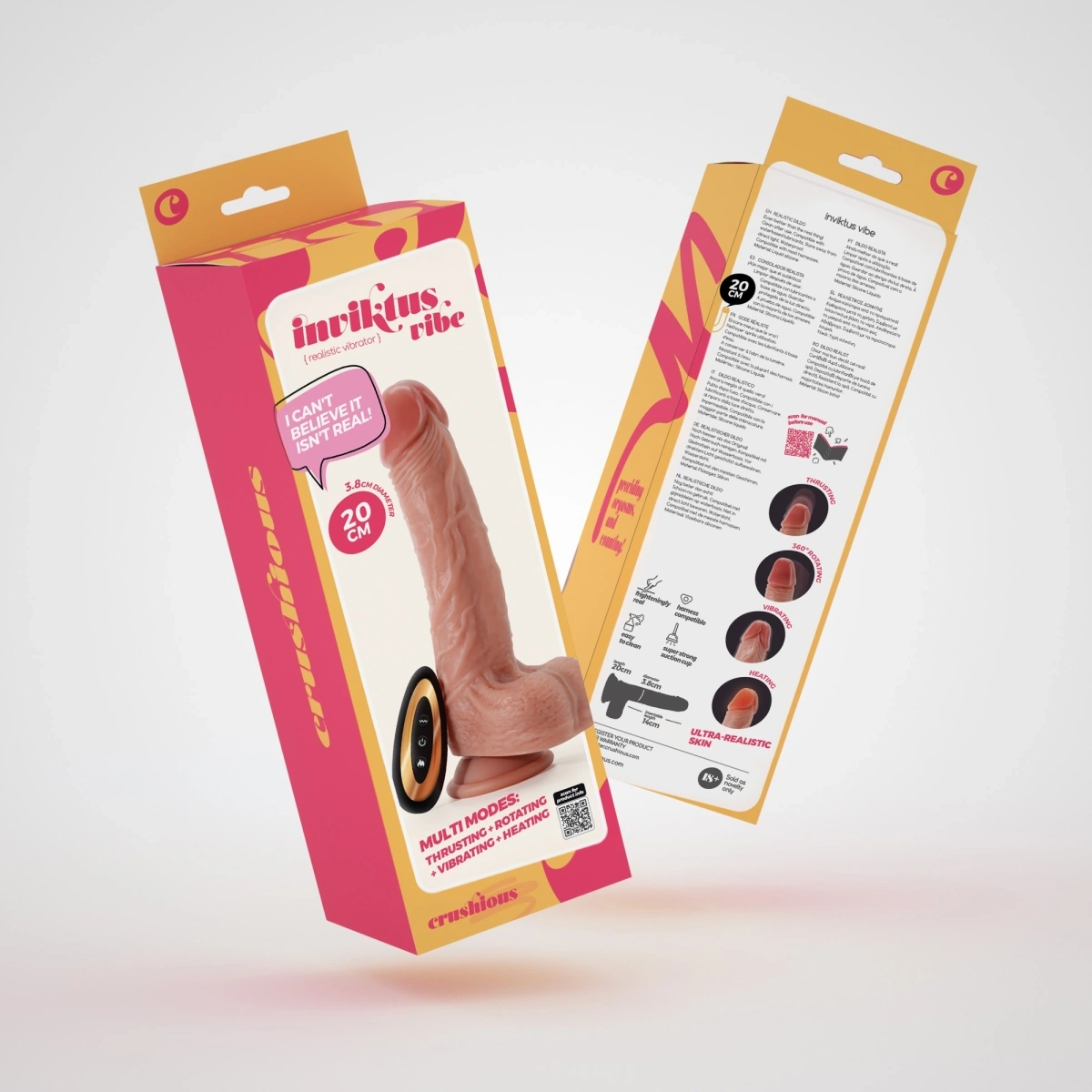Vibrator Realist Crushious Inviktus, Remote Control, Vibratii, Impingere, Rotatii, Incalzire, Silicon Lichid, Natural, 20 cm, #10, Erotic24.ro
