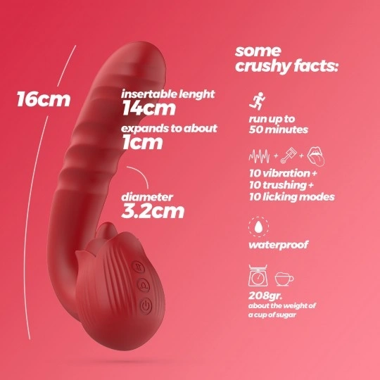 Vibrator Crushious Osiria Trandafir, 10 Moduri Thrusting & Licking, Silicon, USB, 16 cm, #4, Erotic24.ro