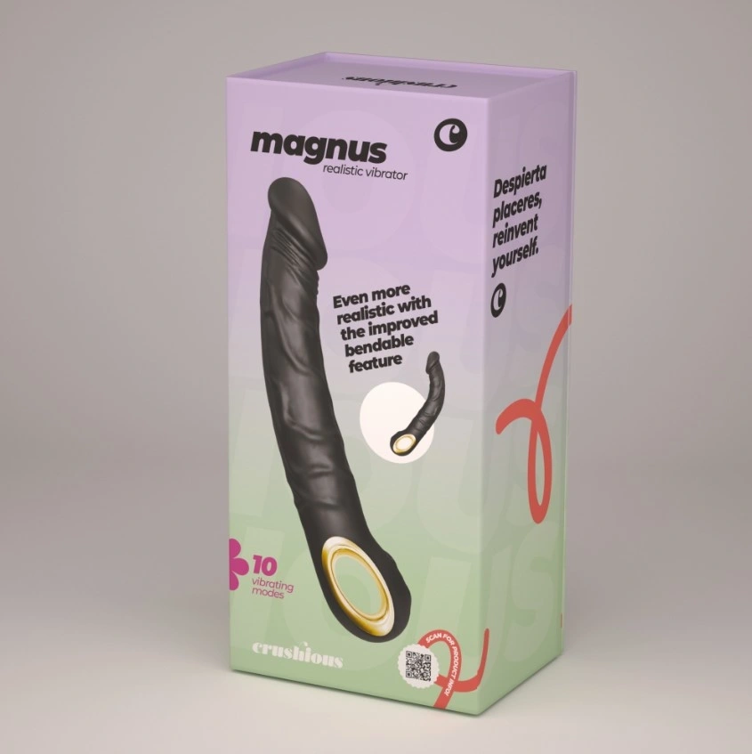 Vibrator Realist Crushious Magnus, 10 Moduri Vibratii, Silicon, USB Magnetic, Negru, 22.5 cm, #8, Erotic24.ro