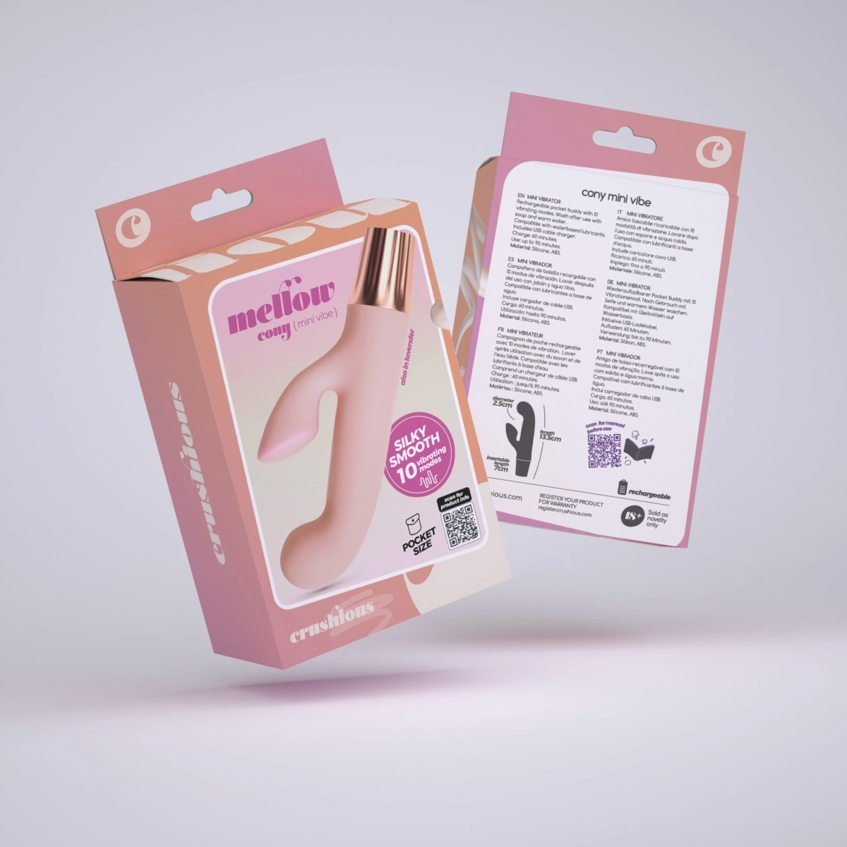 Vibrator Crushious Mellow Cony Mini Rabbit, 10 Moduri Vibratii, Silicon+ABS, USB, Roz, 13.5 cm, #6, Erotic24.ro