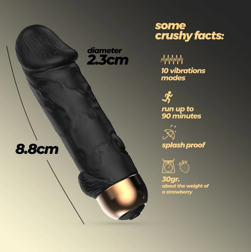 Vibrator Mini Realistic Crushious Weenie, 10 Moduri Vibratii, Silicon, USB, Negru, 8.8 cm, #7, Erotic24.ro