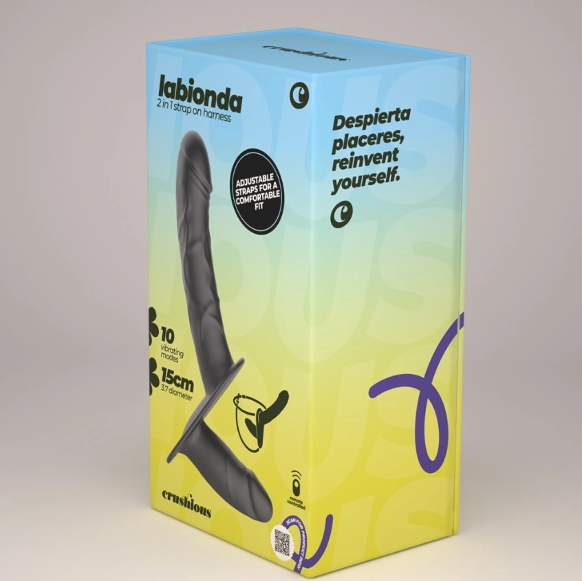 Strap-on Dublu Crushious Labionda 10 Moduri Vibratii, Remote Control, Silicon, USB, Negru, 15.5 cm, #11, Erotic24.ro